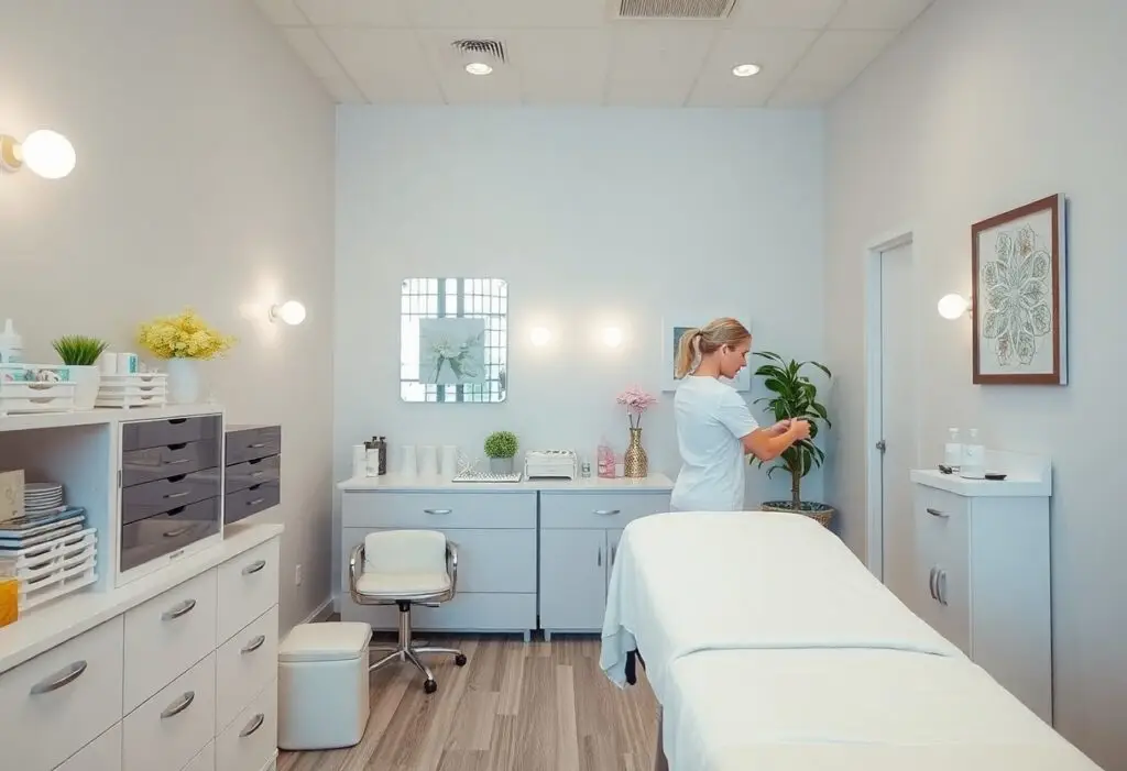 Bright clinical treatment room with a white-covered treatment table and a staff member arranging a plant by the cabinets.
