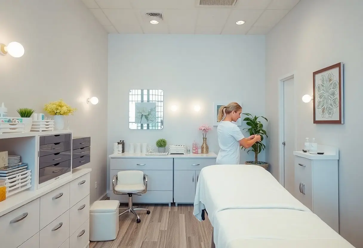 Bright clinical treatment room with a white-covered treatment table and a staff member arranging a plant by the cabinets.