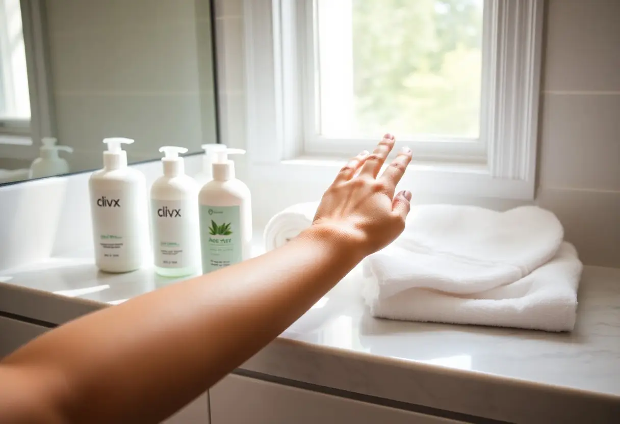 Outstretched arm reaching toward a stack of white towels on a bathroom counter with lotion bottles in the background by a window.