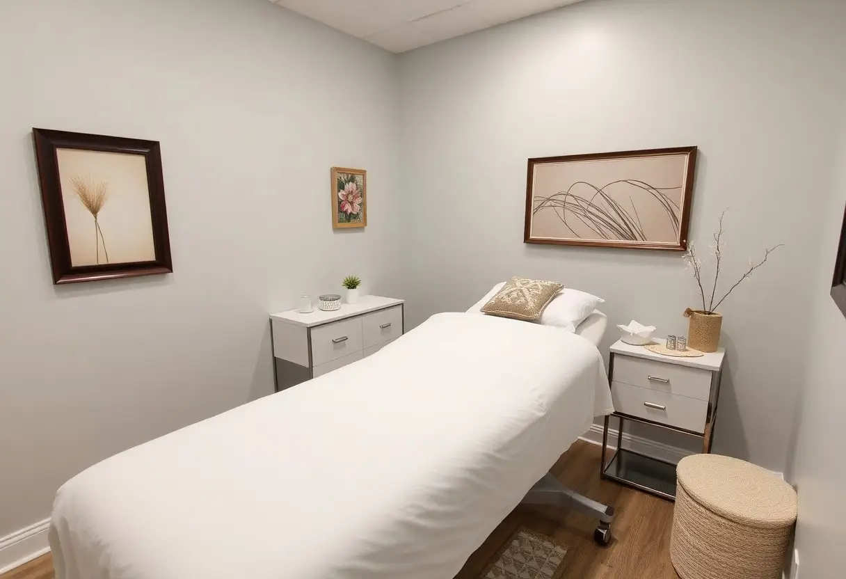 Treatment bed in a small, well-lit room with two nightstands and neutral decor on the walls. A white-sheeted bed flanked by matching drawers and framed wall art. Clinic/spa examination bed with side tables, decorative plants, and soft beige accents. Single patient bed in a calm room with two drawers, artwork, and a woven basket. Informational image of a therapy room: bed, two nightstands, minimal decor, and clean light palette.