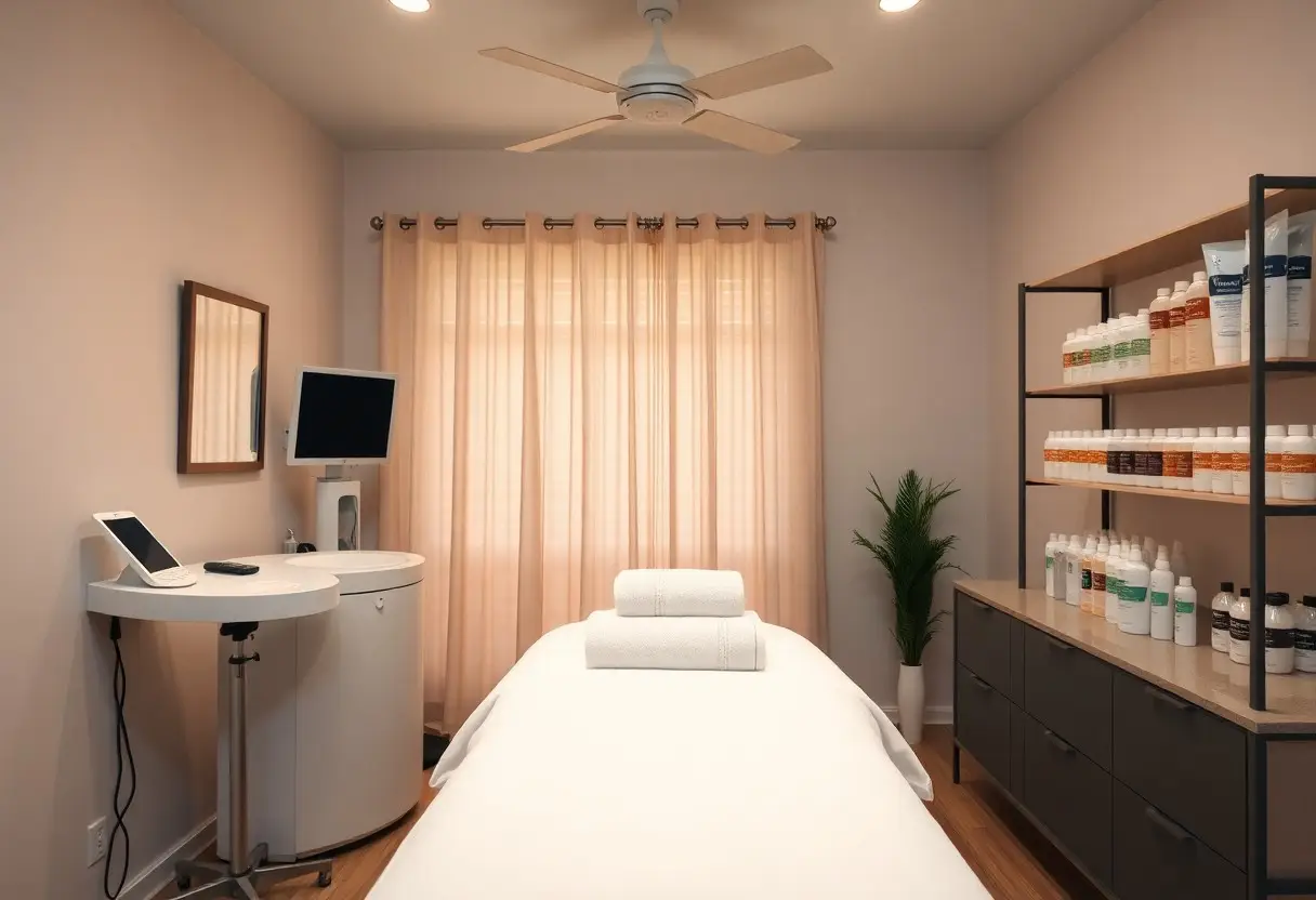 Spa treatment room with a white massage bed, rolled towels, and a plant; shelves of bottles on the right and beige curtains in back