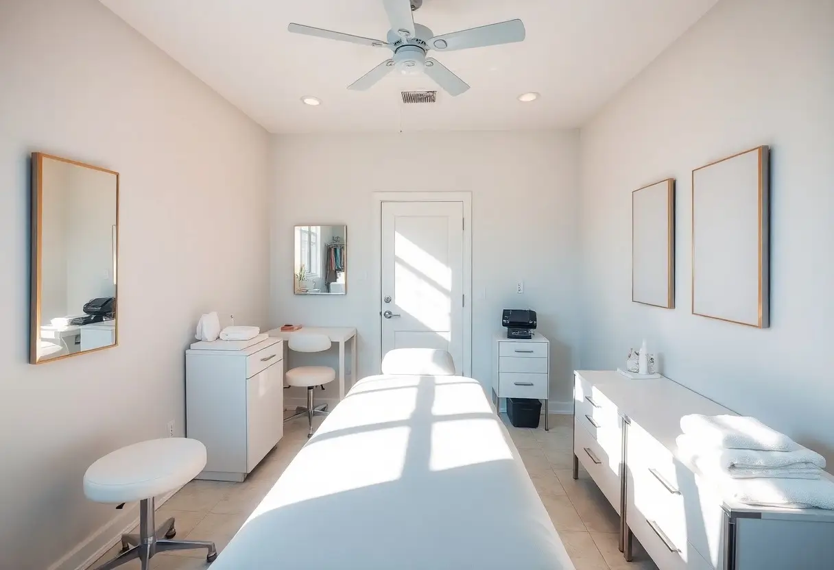 Bright treatment room with a white massage table centered, white cabinets, and sunlit floor patterns from a window.