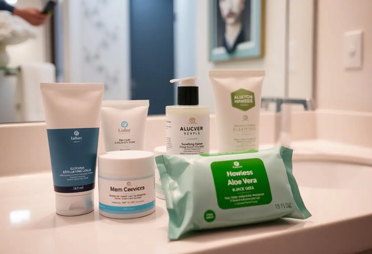 Assorted skincare products arranged on a bathroom counter, including a blue-labeled lotion tube, white bottles, and an Aloe Vera wipes pack.