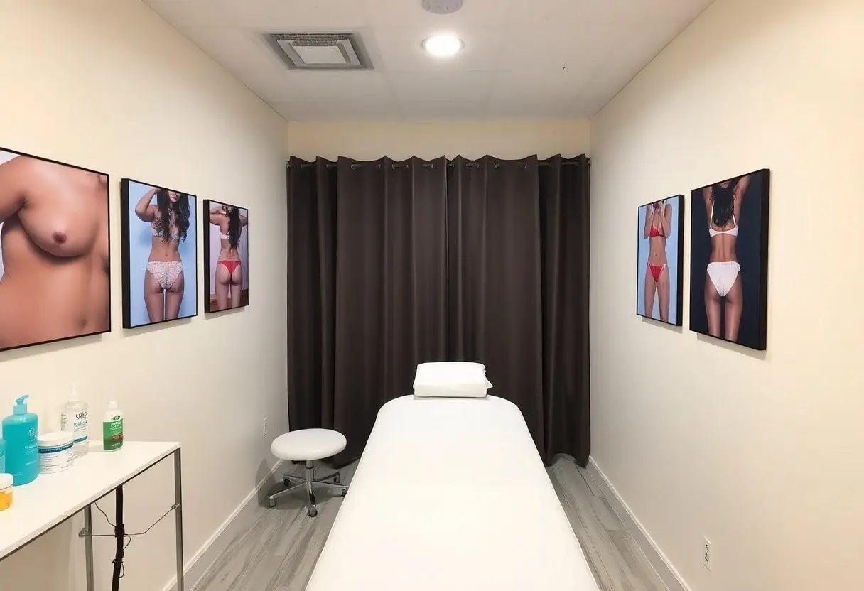 A clean clinic treatment bed in the center of a small room, with a pillow, dark curtains at the back, and fashion/model photos on both walls.