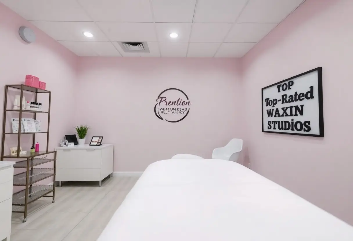 Treatment room in a waxing studio: pink walls, white treatment bed, sign reading 'Top-Rated Waxin Studios', and product shelves.
