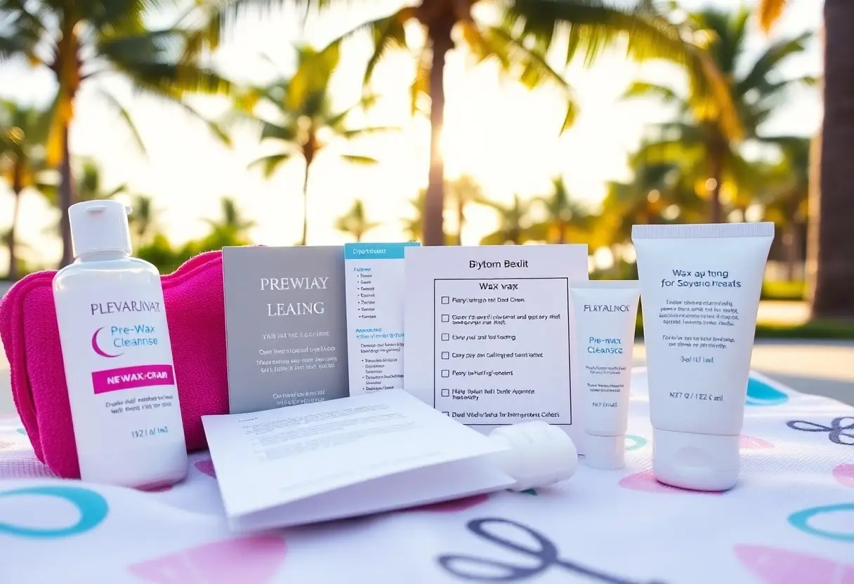 Waxing kit laid out on a tropical table with bottles, pamphlets, and a pink pouch outdoors at sunset/shoreline setting.