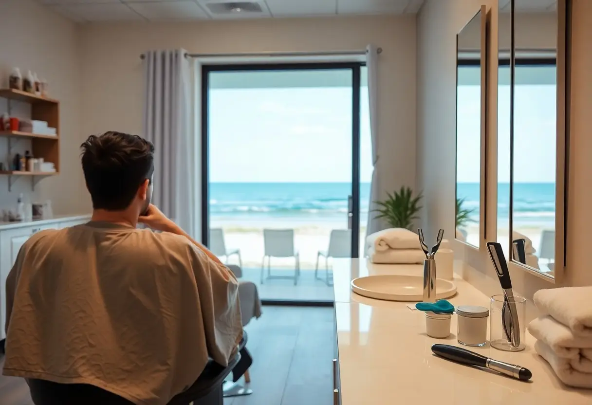 Man seated in a salon chair facing a beach view through a glass door, with a counter of towels and tools on the right.