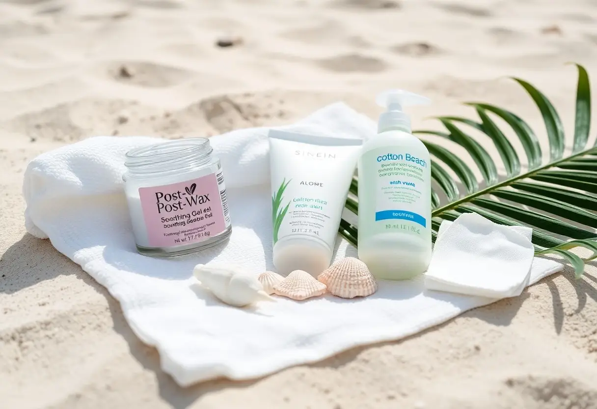 Skincare set on a white towel laid on sandy beach with seashells: a jar labeled Post-Wax and two white tubes plus a pump bottle, sunny scene