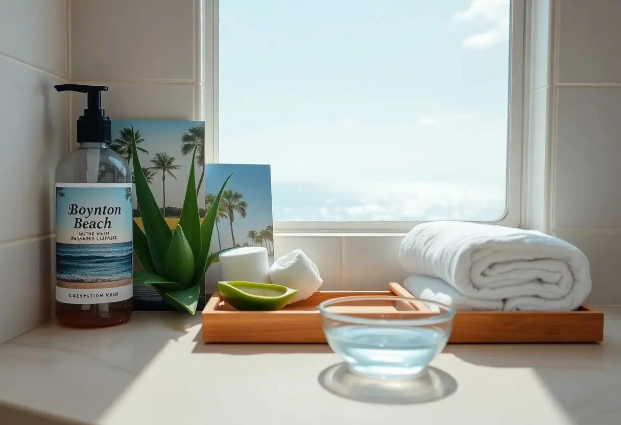 Spa-like bathroom scene: a pump bottle labeled 'Boynton Beach' beside small plant photos, a green succulent, a rolled white towel on a wooden tray, and a glass bowl of water by a sunlit window.