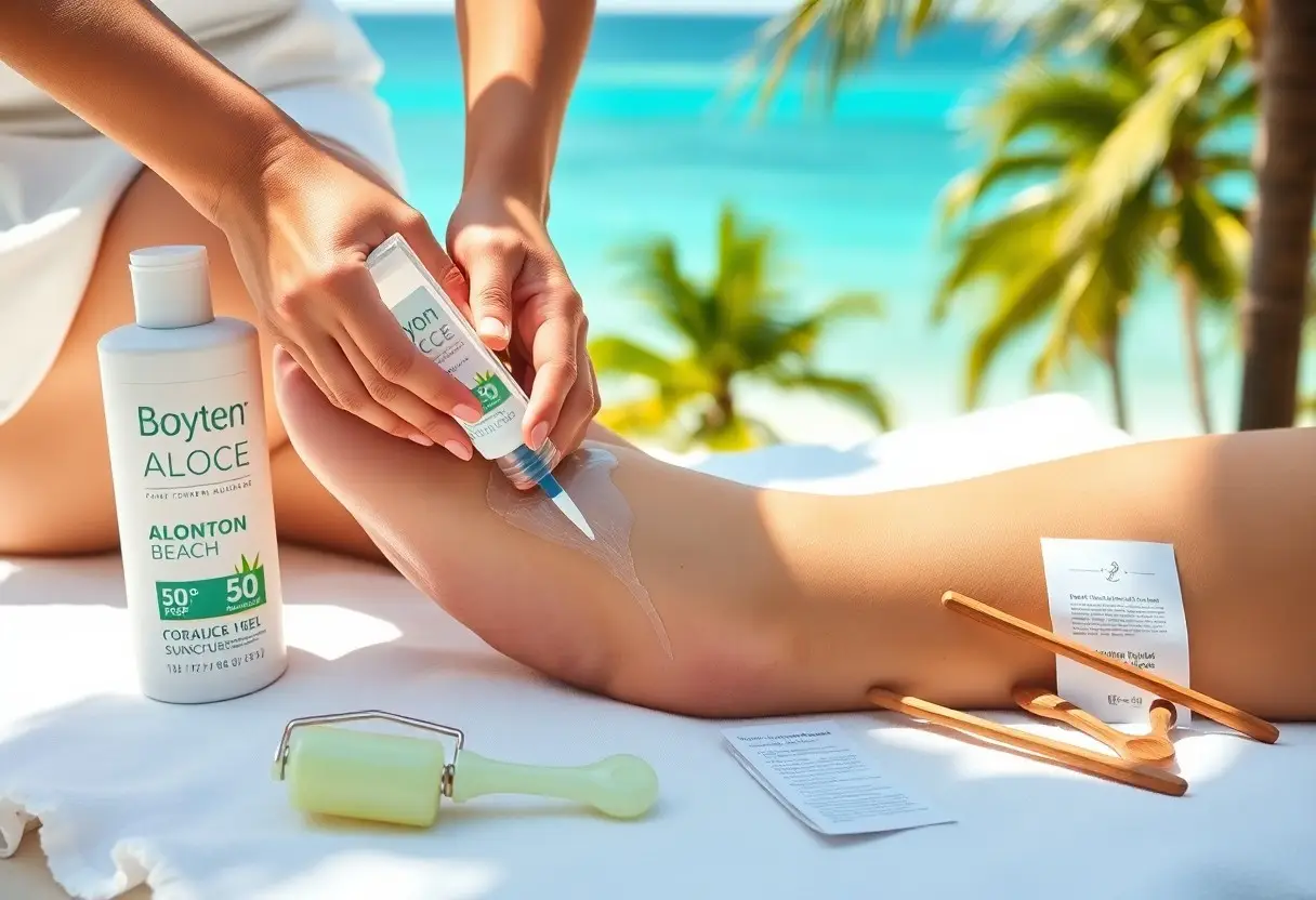 Person applies sunscreen to their leg on a sunny beach, with lotion bottles nearby on a white towel and palm trees in the background.