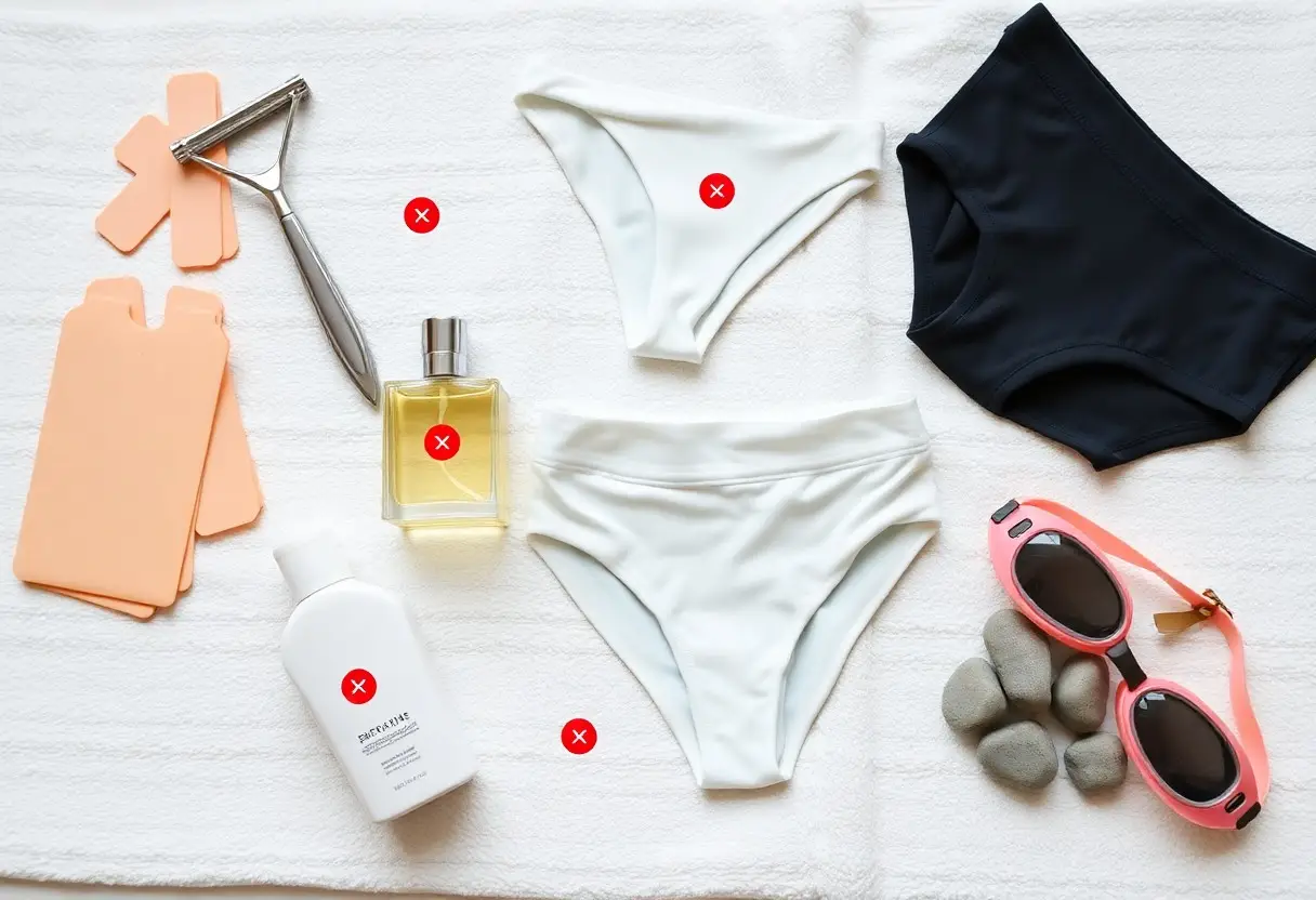 Flat lay of summer beauty items on a white towel: two bikinis (white bottom, black top), pink sunglasses, lotion, perfume, razor, and peach accessories with a few stones nearby.