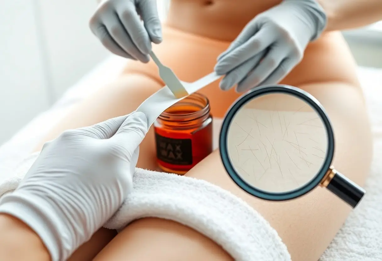 Close-up of waxing session: gloved hands apply wax with a spatula on a leg, wax pot nearby.