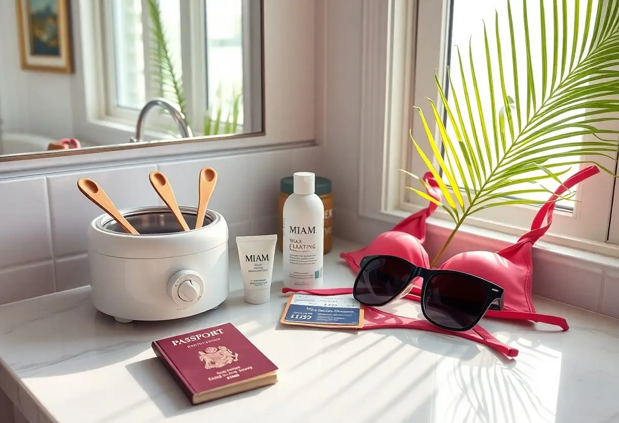 A white wax warmer with wooden spoons on a marble counter, next to skincare products and a pink bikini with sunglasses, passport, and palm leaf by a sunny window.