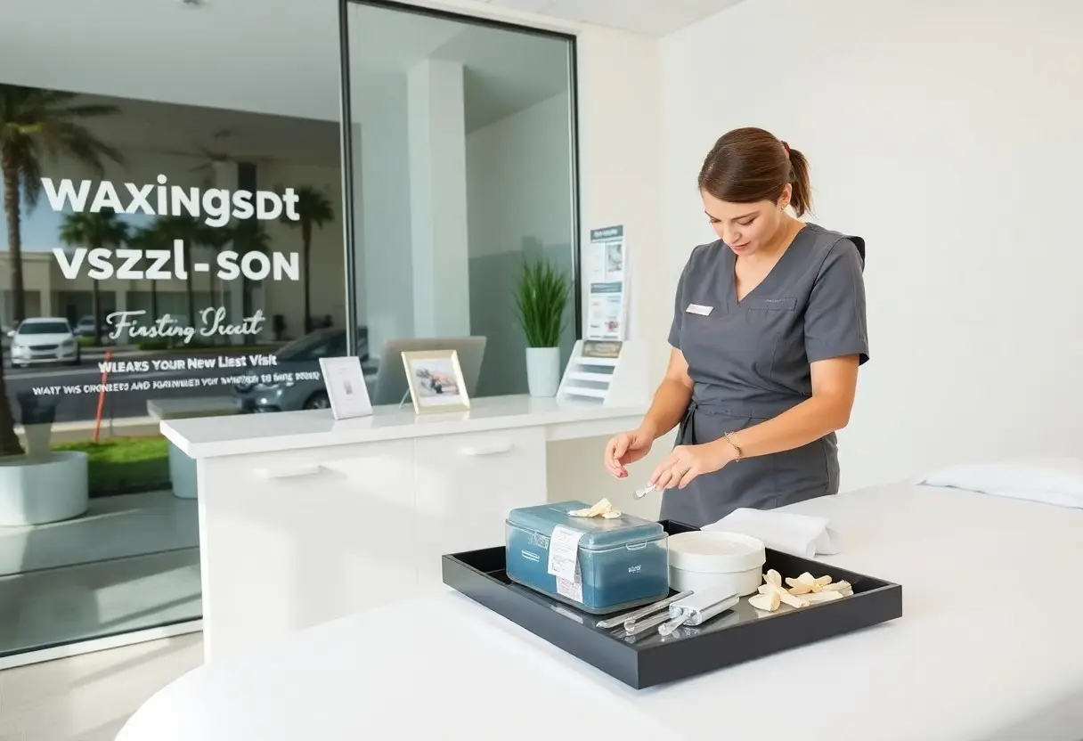 Dental assistant in gray scrubs arranging dental tools on a black tray beside a treatment bed in a bright clinic.