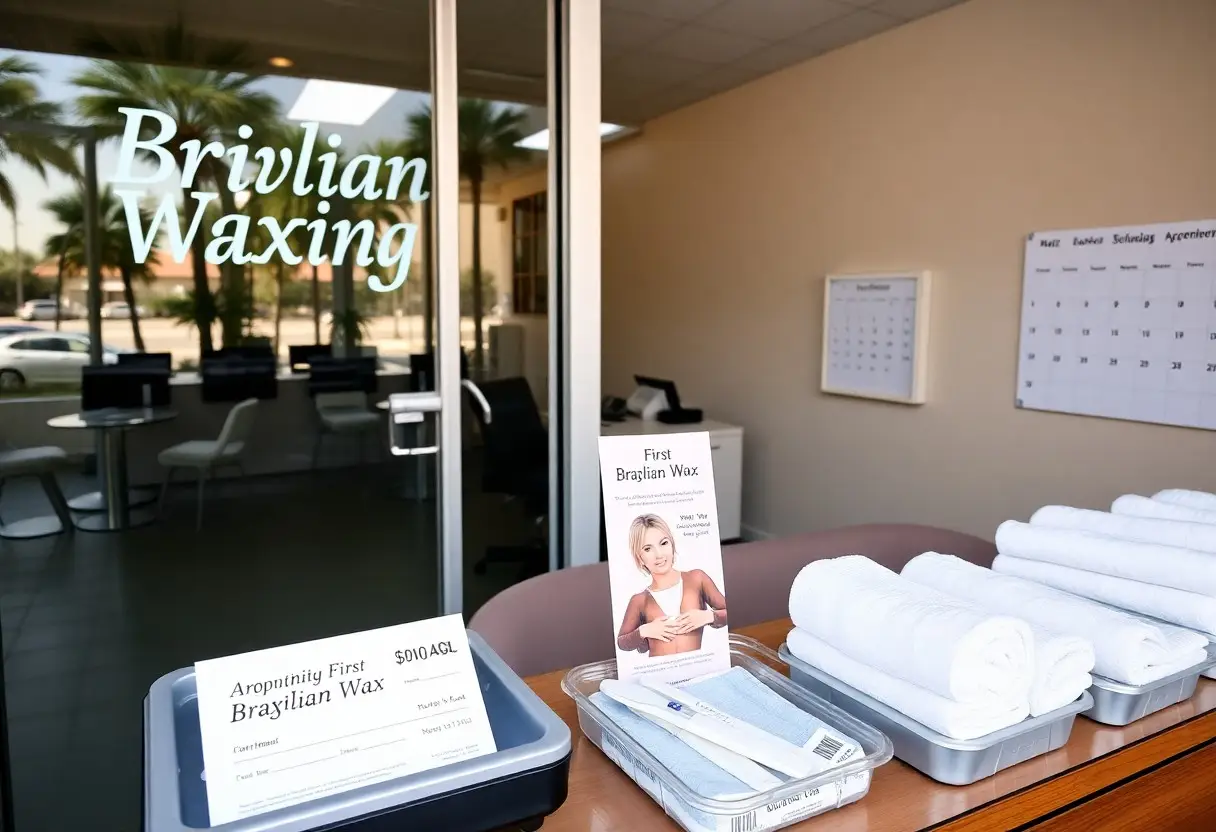 Salon display for Brazilian waxing with brochures, rolled towels, and a scheduling calendar visible behind a glass door.