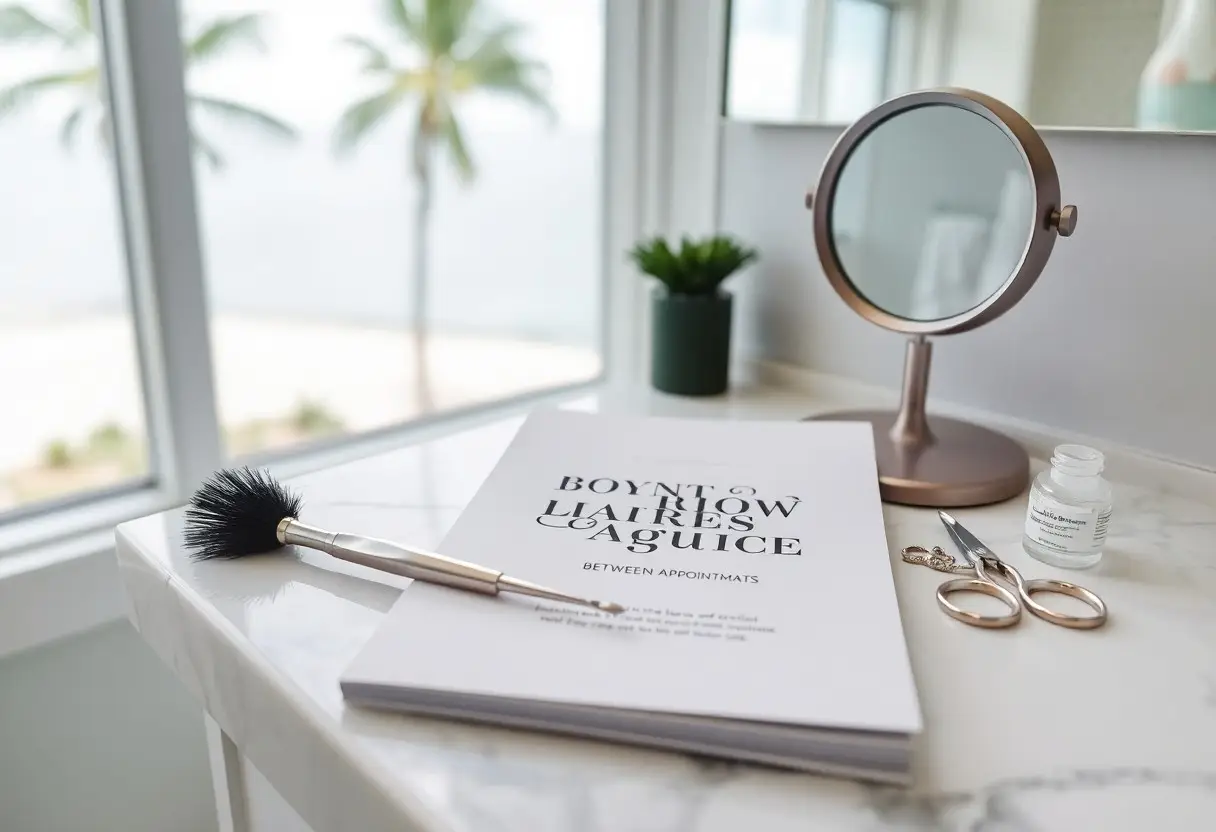 Vanity scene with a round rose-gold mirror, makeup brush, scissors, nail polish bottle, small plant, and a glossy magazine on a marble surface near a window.