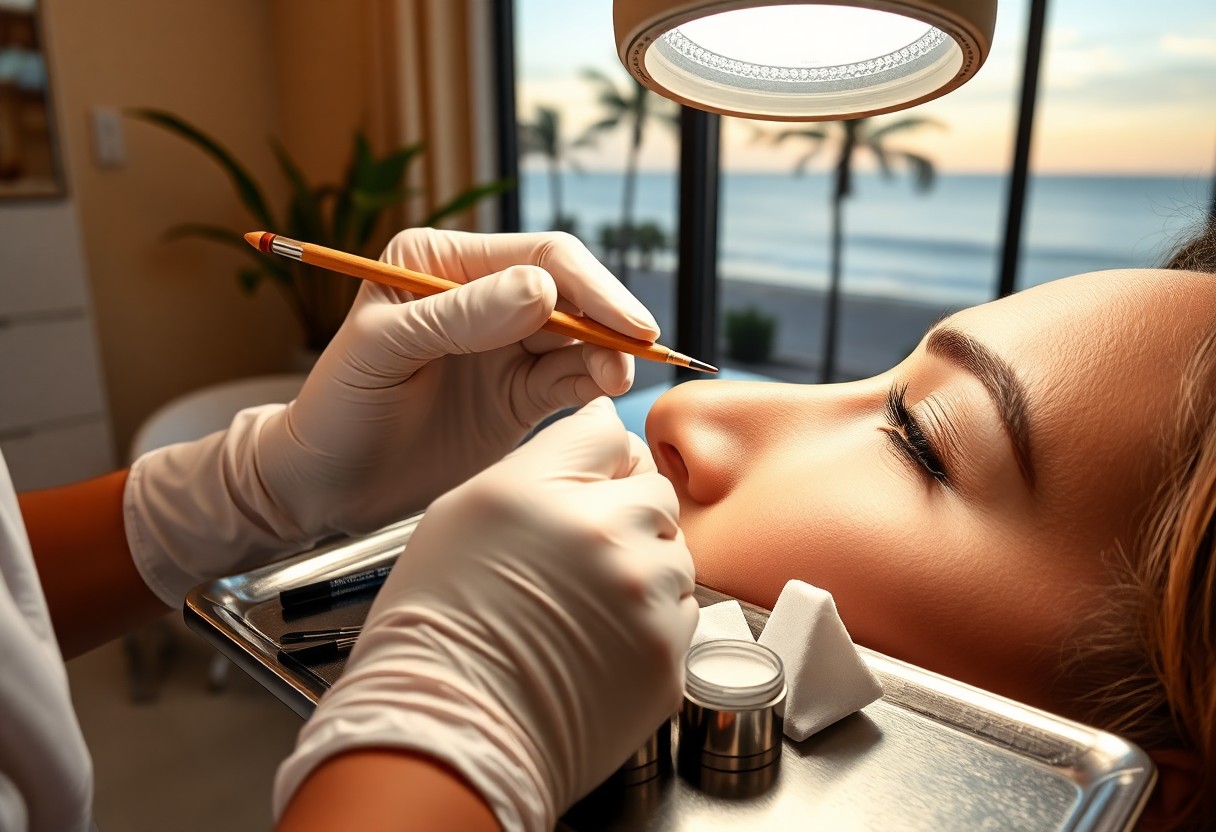 Close-up of a beauty technician with gloves using a fine brush near a woman's closed eye during a cosmetic treatment, under a ring light overhead.
