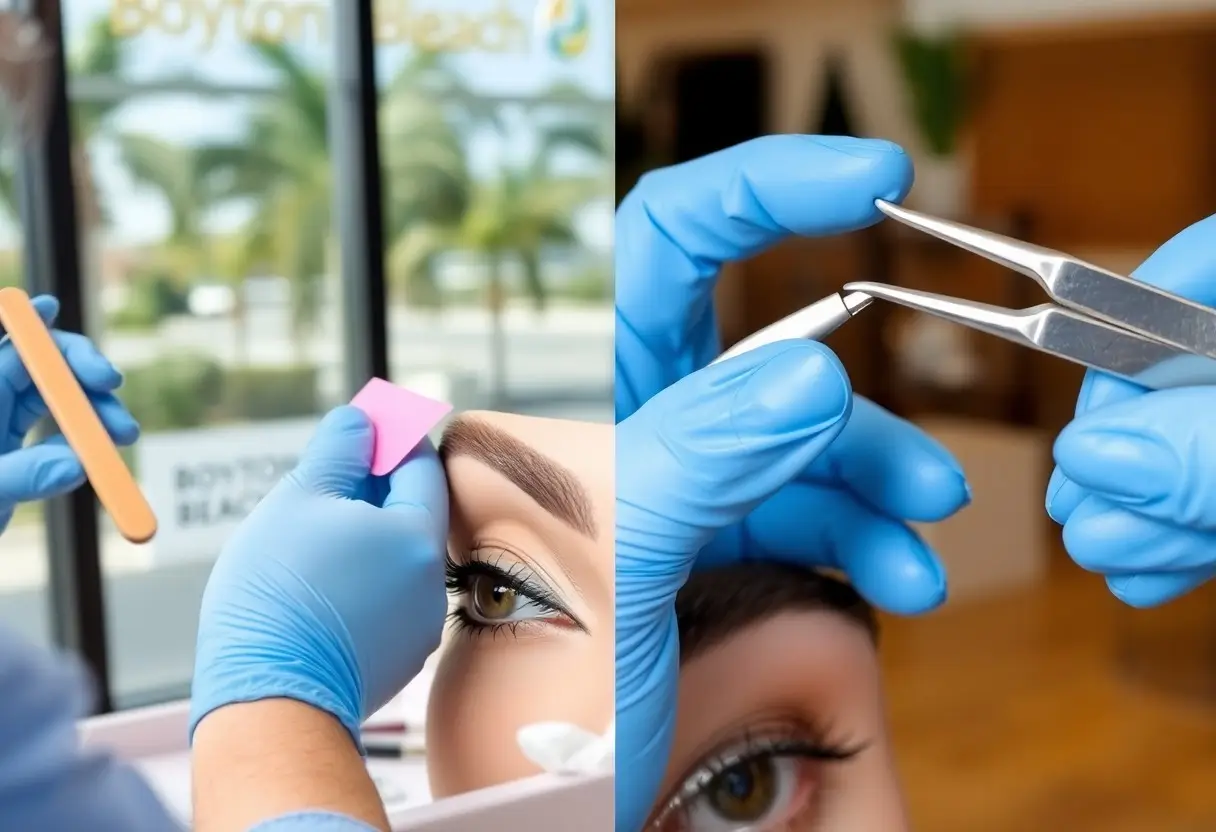Close-up of a cosmetic procedure: gloved hands apply a pink patch to the eyebrow/eye area on a seated client.