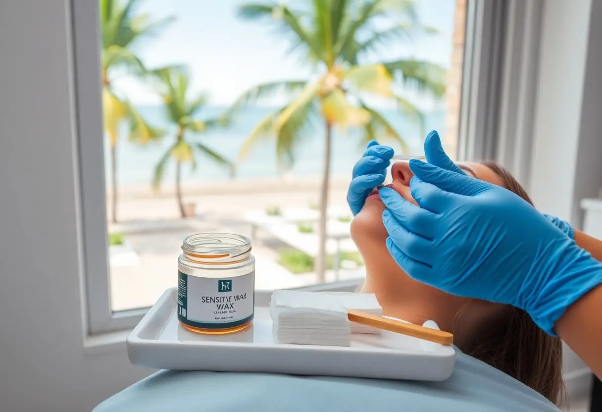 Beautician in blue gloves applying wax to a client's nose, with a jar of sensitive wax on a tray nearby.