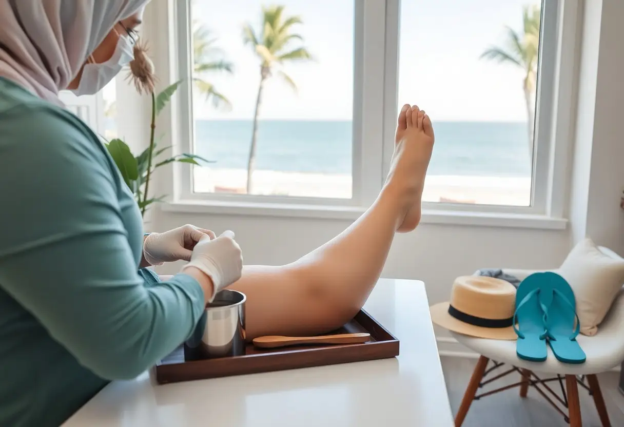 Podiatry or spa professional wearing a hijab and mask uses tools to treat a raised leg on a wooden tray, by a seaside window.