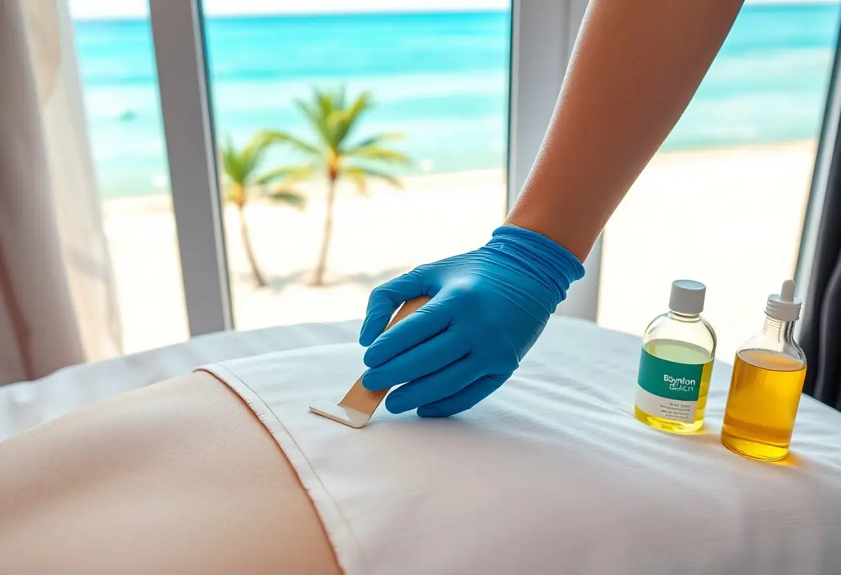 Healthcare professional in blue gloves applies a small adhesive patch to a patient's back, with two bottles of solution on the bed table and a beach view outside the window.