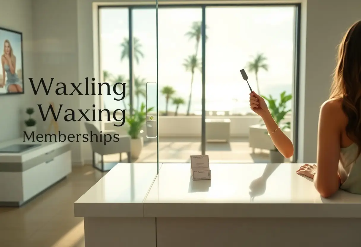 Reception area of a modern waxing salon; glass door reads 'Waxling Waxing Memberships' as a woman holds a spatula at the counter with a beach view outside