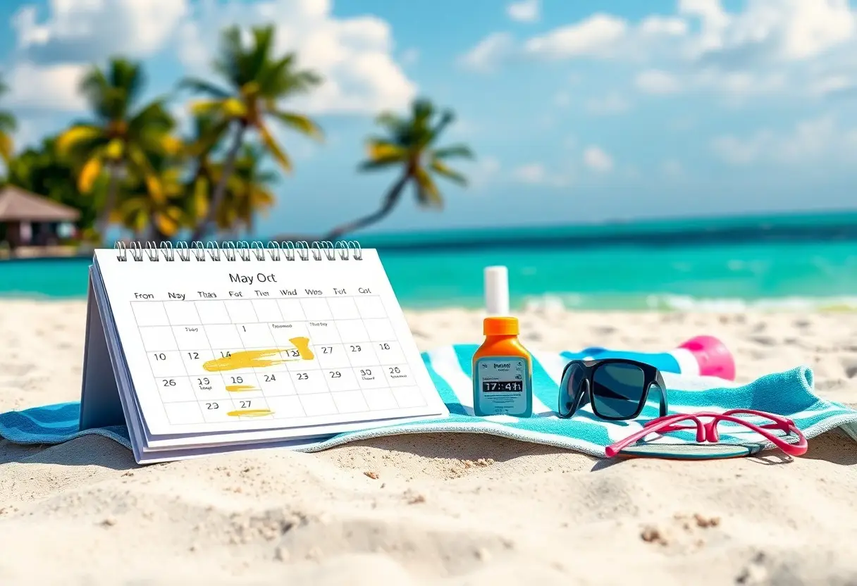 Calendar on a sandy beach with sunscreen, sunglasses, and towels, suggesting a vacation plan by the sea.