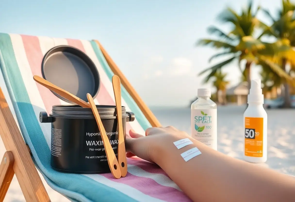 Person's forearm on a beach chair with a wax warmer and wooden spatulas in a sunny outdoor setting; waxing wax container beside sunscreen and skincare bottles on the sand.