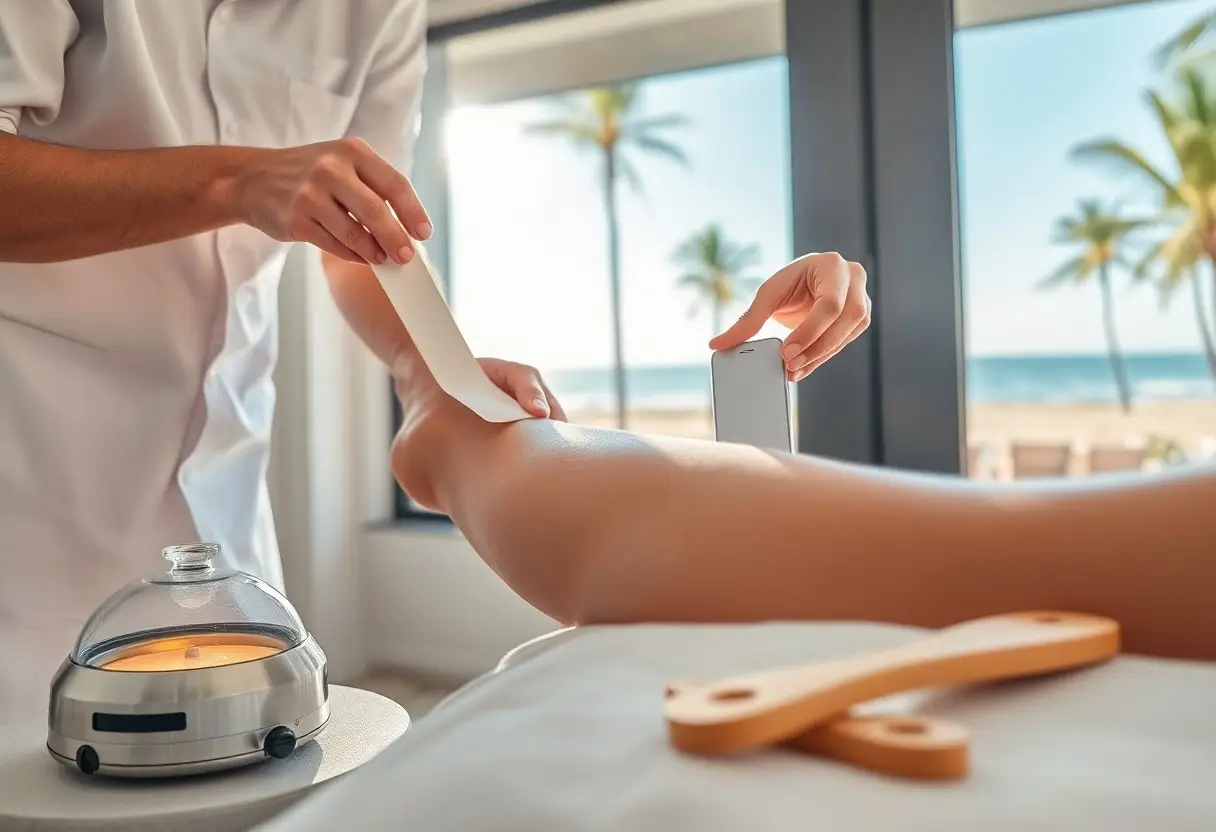 Spa therapist applying a wax strip to a client's leg next to a wax warmer, with a beach view outside the window