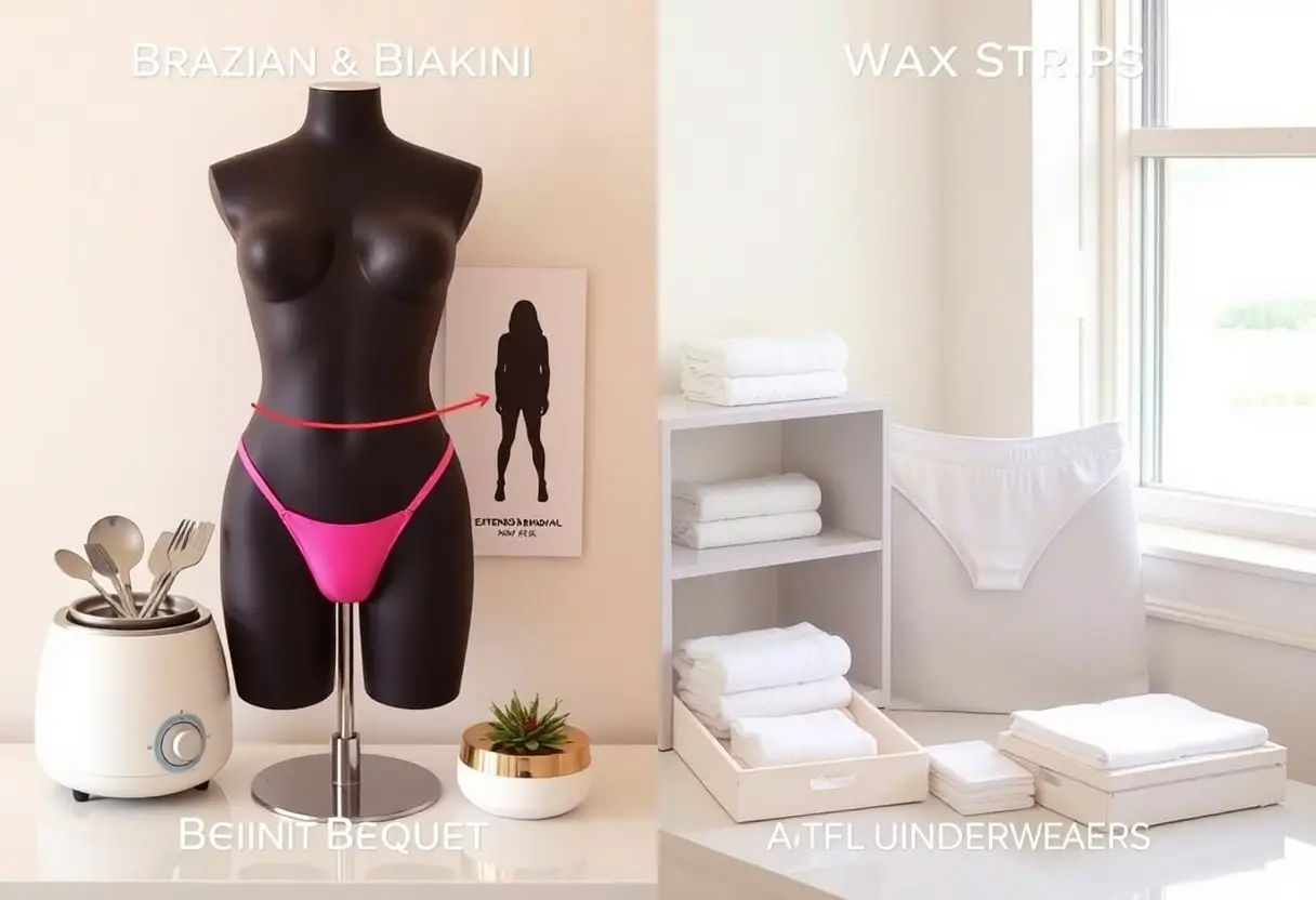 Left: black mannequin wearing a bright pink bikini bottom, labeled Brazilian & Bikini; a small appliance and plant sit on the counter, right side shows a towel shelf and underwear drawers with 'Wax Strips' text above.