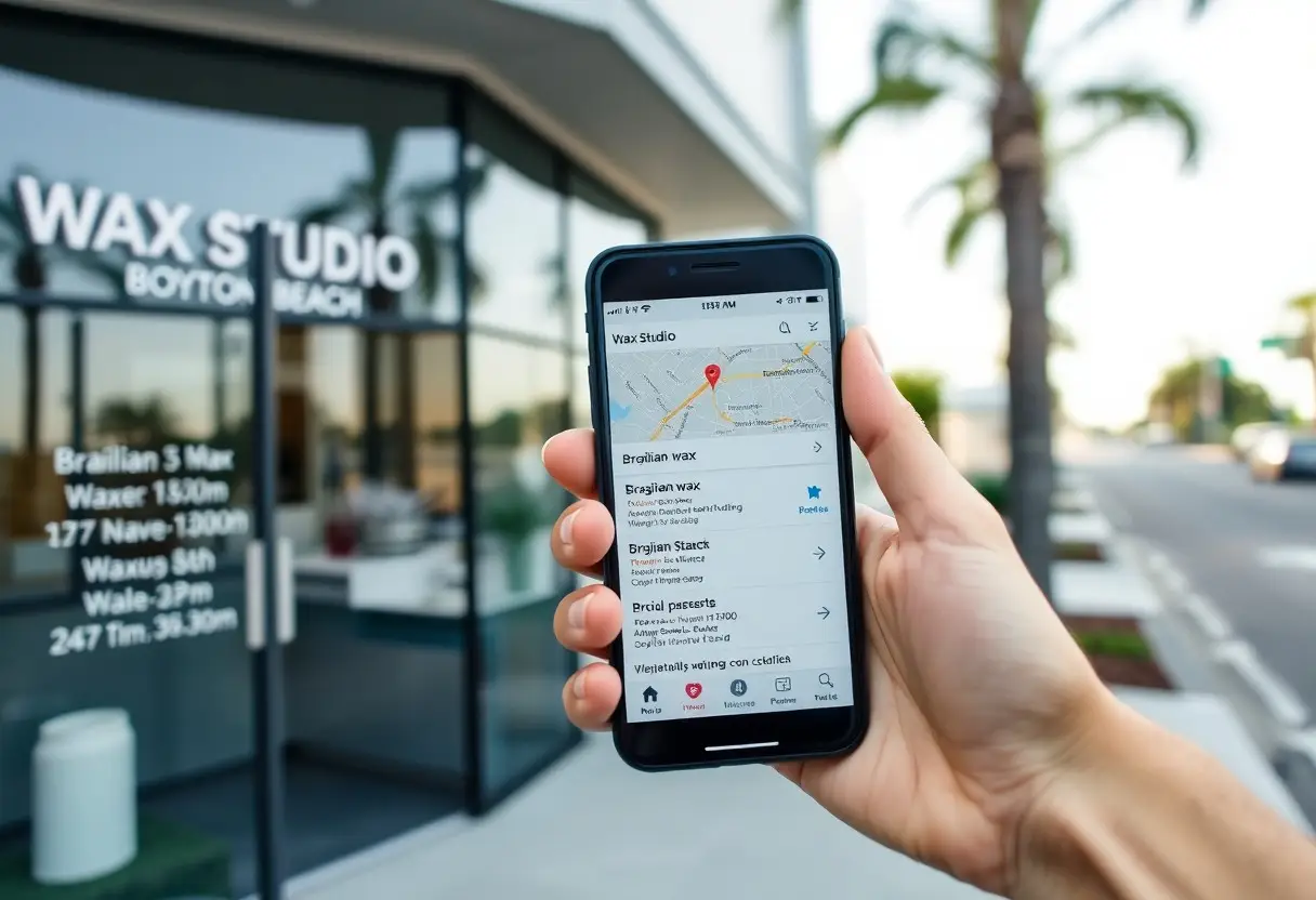 Person holding a smartphone displaying a map app with a location pin, in front of a glass storefront that says 'Wax Studio'.