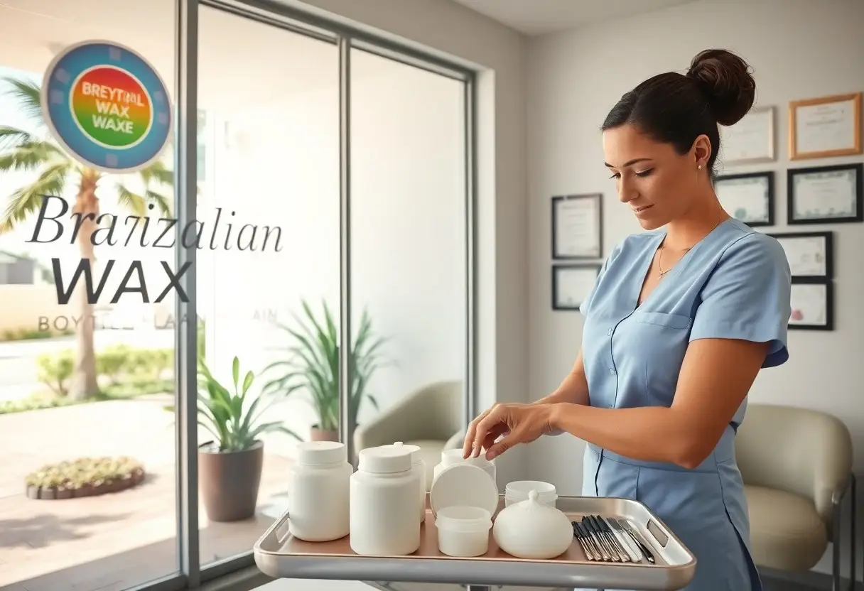 Woman in blue scrubs arranging white wax containers on a tray in a bright clinic setting.