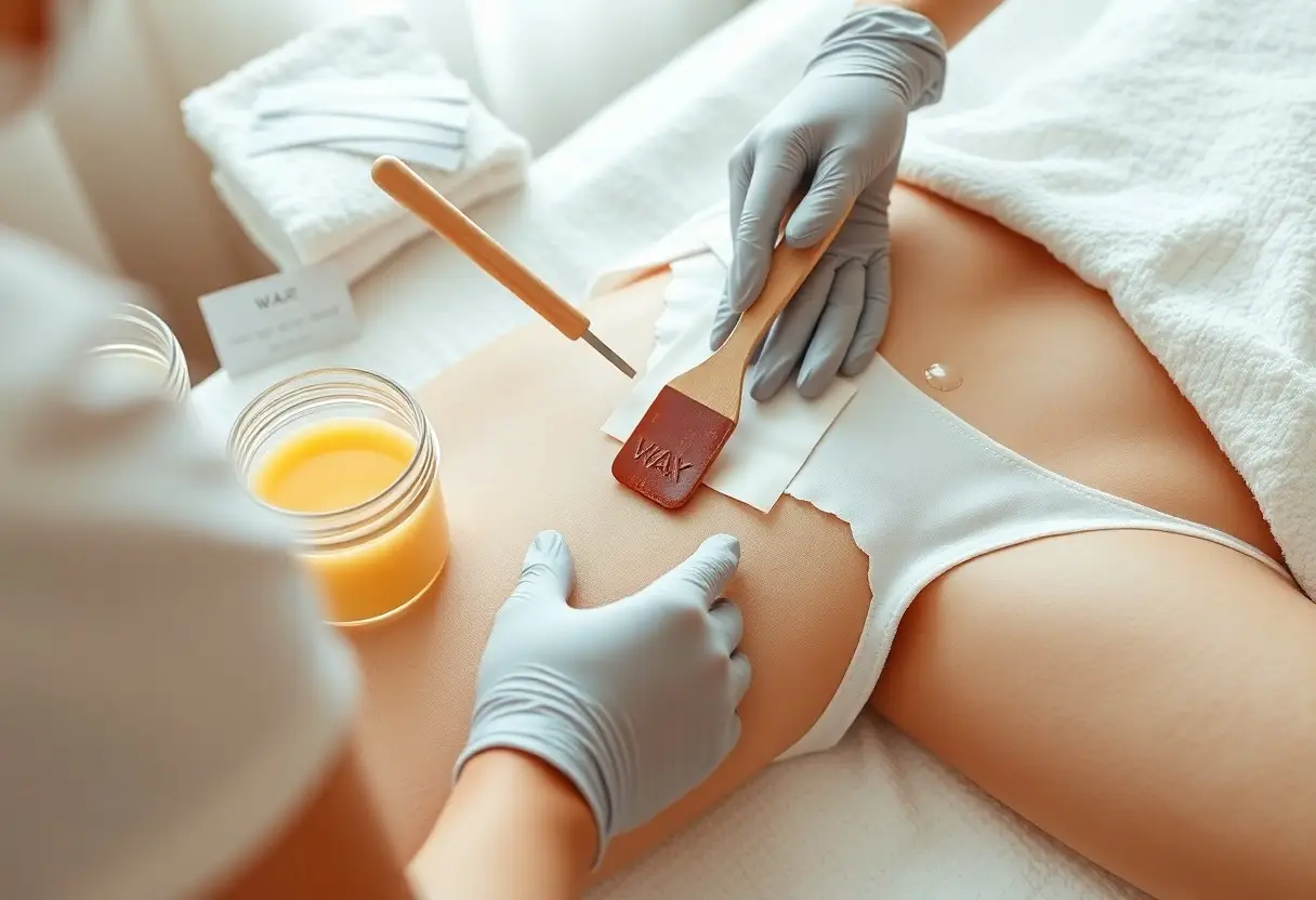 Spa waxing session: gloved technician applying warm wax to a client's bikini area with a spatula and wax jar nearby, on a massage table.