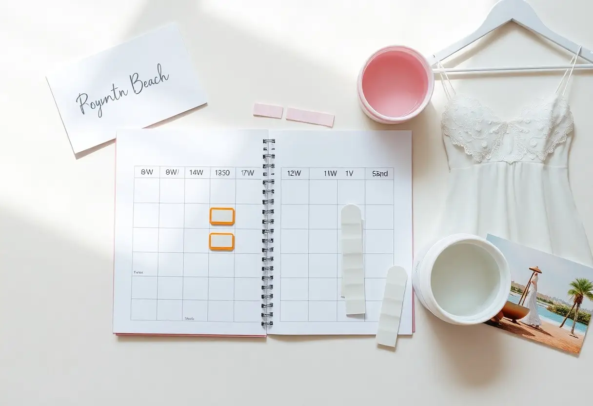 Flat lay of an open spiral planner showing a monthly calendar, with two orange binder clips, pink washi tape, a pink mug, a white lace slip on a hanger, and a beach postcard nearby on a light surface.