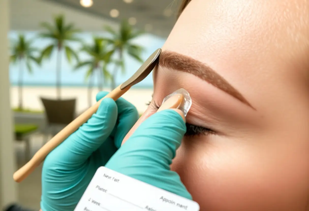 Beauty technician shapes a client's eyebrows with a microblading tool and a small protective pad near the eye while wearing teal gloves indoors with a tropical backdrop in the background.
