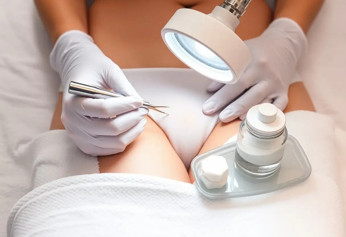 Cosmetic procedure in progress: clinician in gloves uses tweezers on the bikini area under a bright lamp, with lotion on a tray nearby.