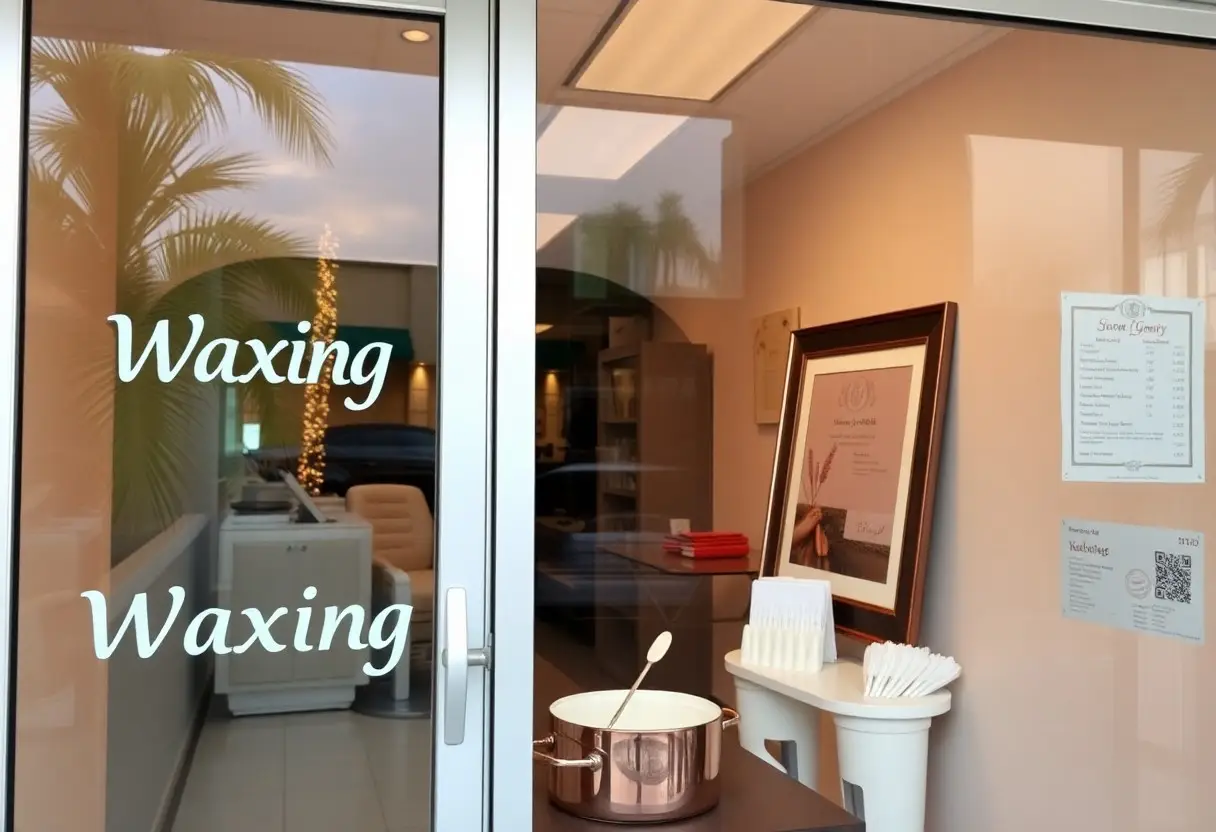Storefront of a waxing salon; glass door reads 'Waxing' twice, with an interior counter, framed poster, and brochure stand visible inside.