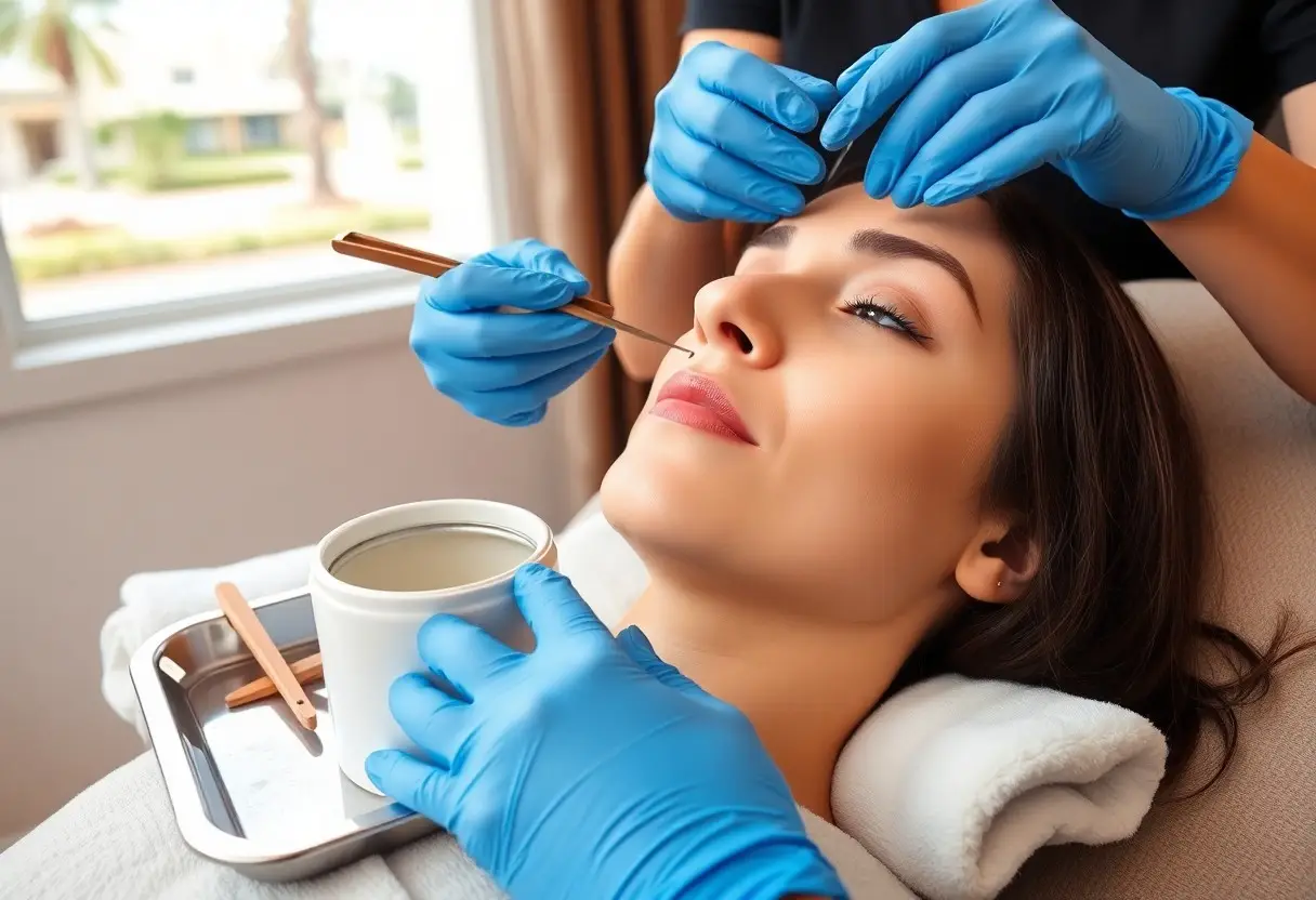 Woman receiving a cosmetic nose treatment while lying back, with a gloved practitioner inserting a tool near her nostril on a tray nearby.
