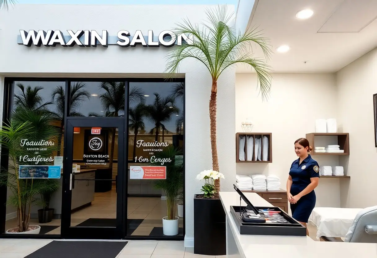Reception area of a salon with a uniformed staff member at a white desk, glass doors, and tall potted palms outside the entrance.