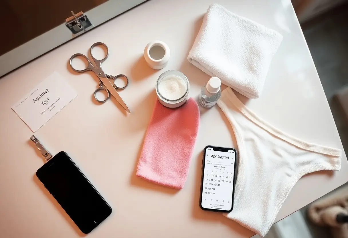 Grooming and self-care items on a white table: scissors, jar of cream, bottle, pink pouch, towel, white bra, and a smartphone showing a calendar app and a card nearby.