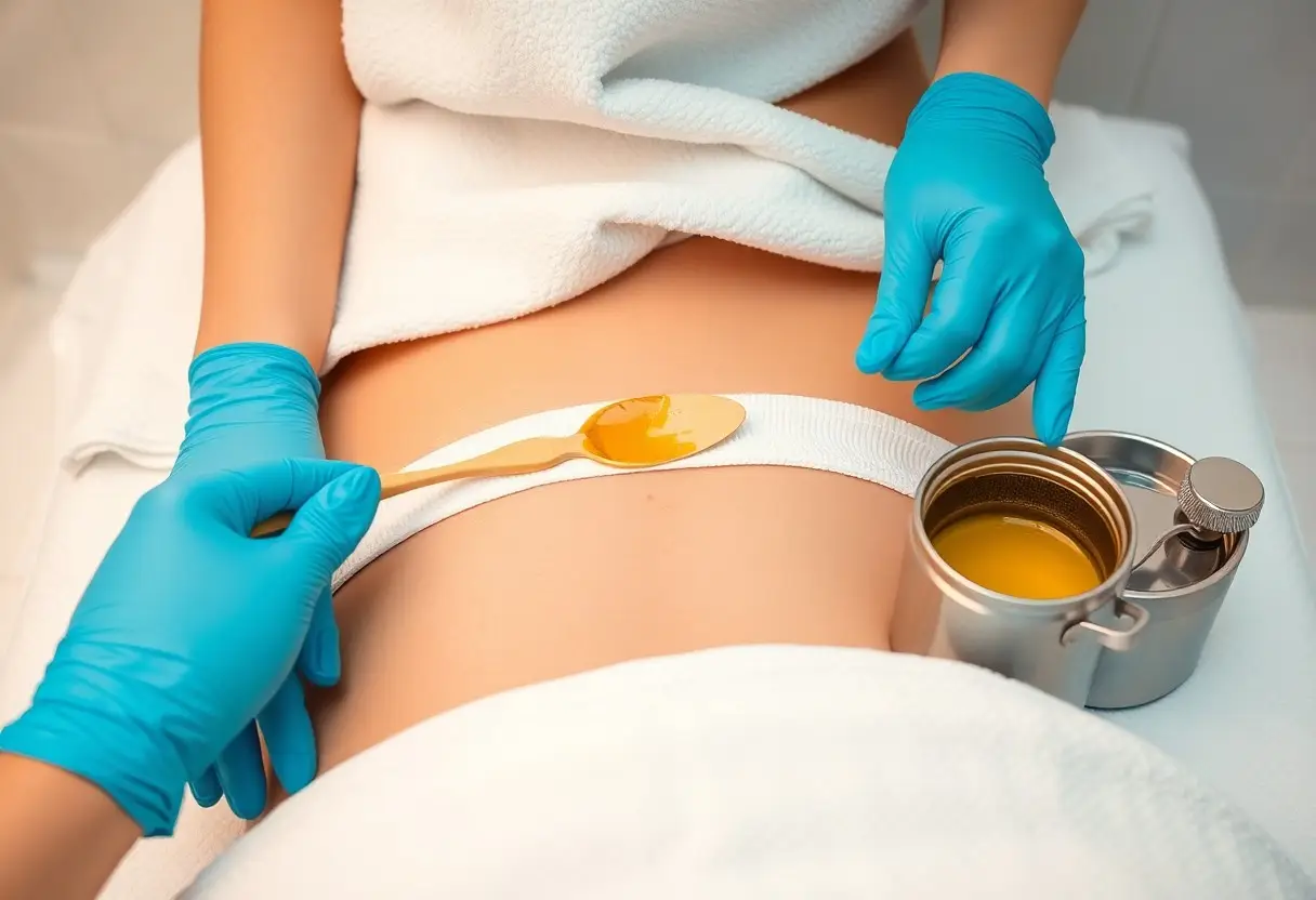 Professional waxing treatment: blue-gloved hands applying warm wax with a wooden spatula to a client's bikini-area skin.