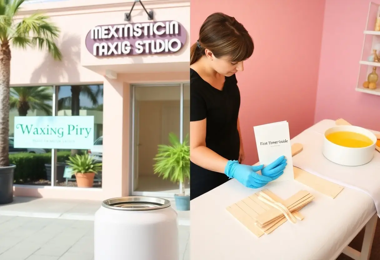 Split image: left side shows the exterior of a pink waxing studio with a sign and potted plants; right side shows a technician in black with blue gloves handling sheets at a treatment table.