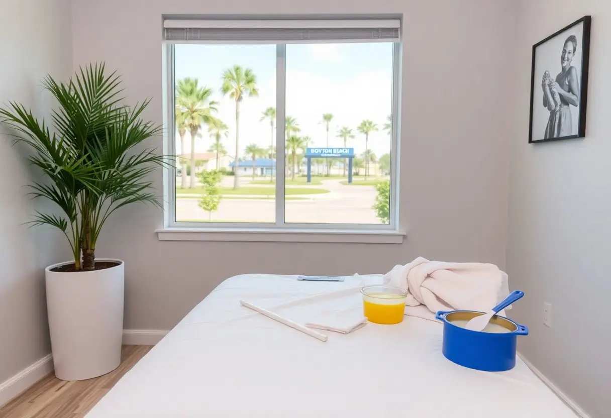 Bright bedroom with a window showing palm trees outside; a tall green plant in a white pot sits by the bed with white linens and cleaning supplies on top (blue pot with brush, yellow cup).