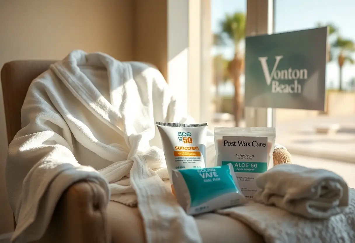 White bathrobe draped over a chair with sun care products: Ape 50 sunscreen, Post Wax Care Aloe 50, and wipes nearby by a window.