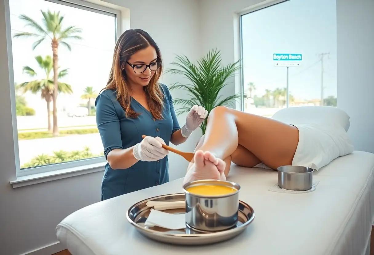 Cosmetologist in gloves applies wax to a client’s leg during a leg waxing session in a bright spa room with palm trees outside the window.