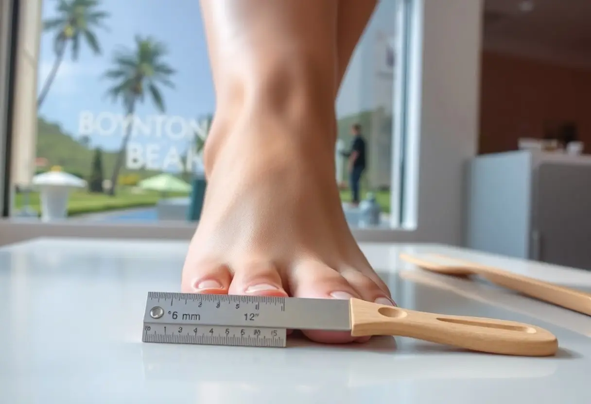 Barefoot resting on a metal ruler laid on a white table, measuring the foot indoors.
