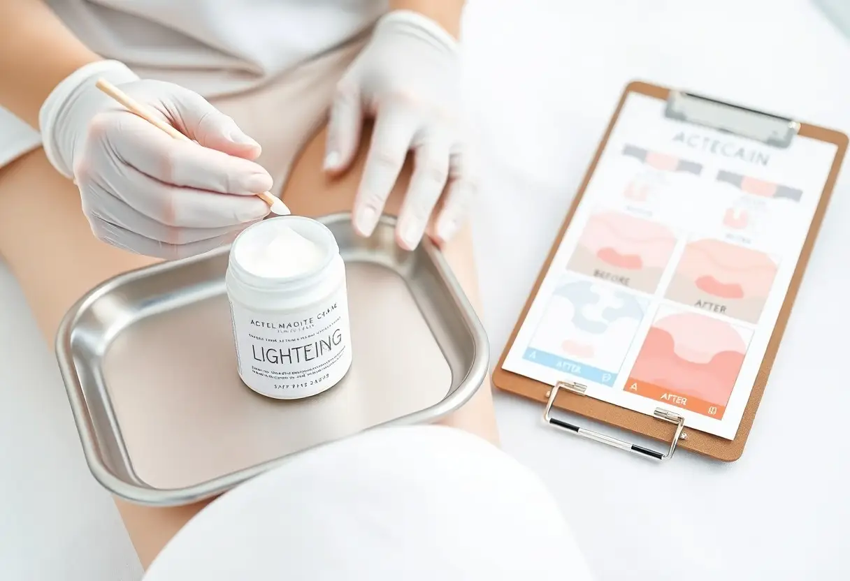 Cosmetic treatment scene: gloved hand applies cream from a jar onto a metal tray; clipboard with before/after skincare charts beside.