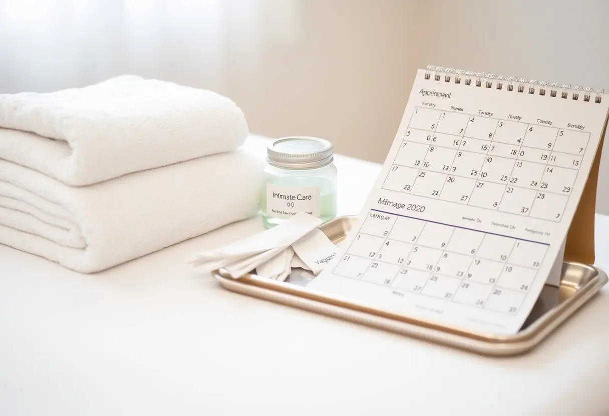 Folded white towels with a small jar labeled 'Intimate Care' and cotton swabs on a tray beside a desk calendar, in a spa-like setting.