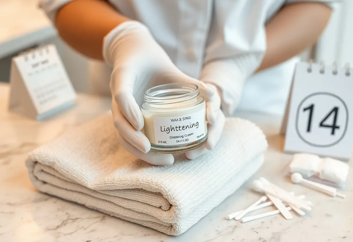 A gloved hand holding a jar labeled 'Lightening' cream over a folded towel in a clinical setting with a calendar showing 14 in the background.