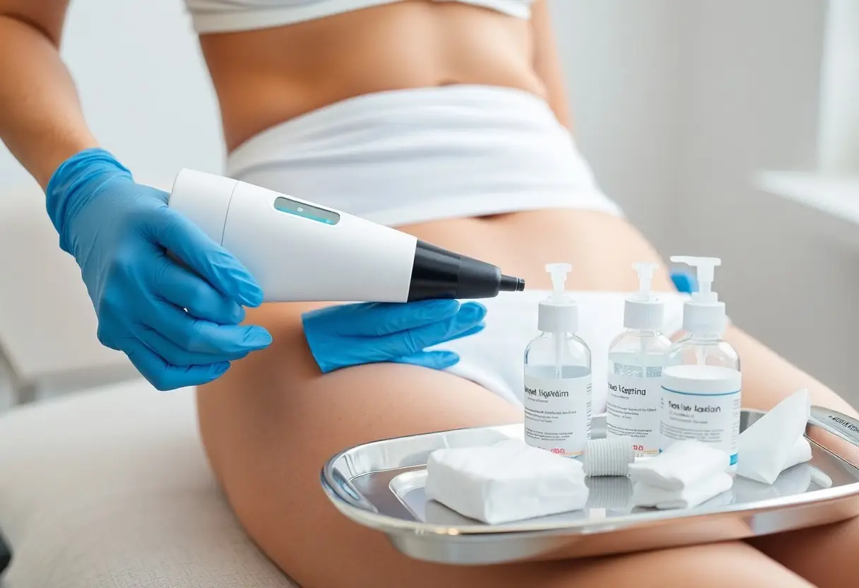 Gloved clinician uses a handheld device on a woman's thigh during a cosmetic treatment; antiseptic bottles and wipes on a tray nearby.